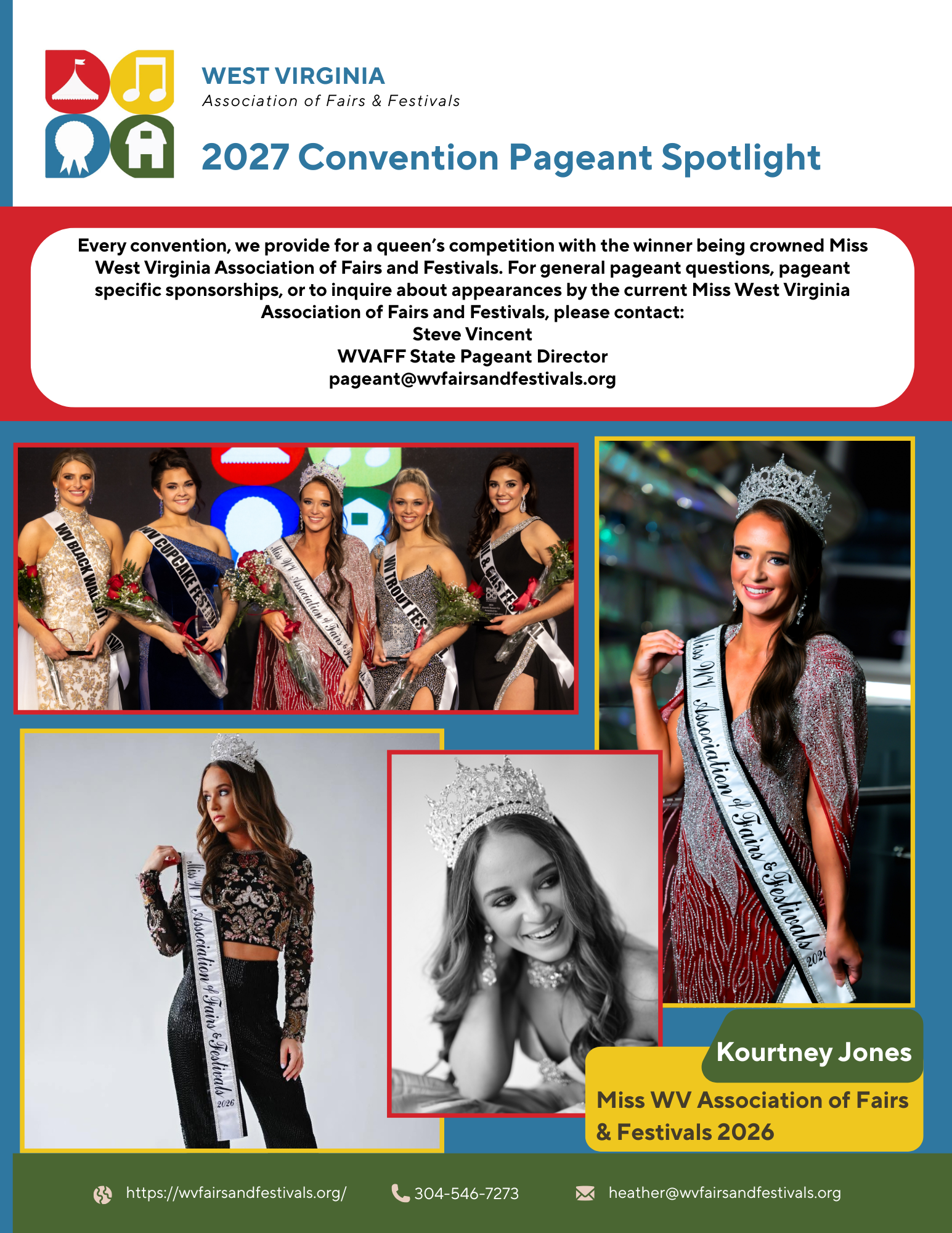 Convention pageant spotlight featuring Kourtney Jones, Miss WV Association of Fairs and Festivals 2026. Contact Steve Vincent at pageant@wvfairsandfestivals.org for pageant sponsorships.