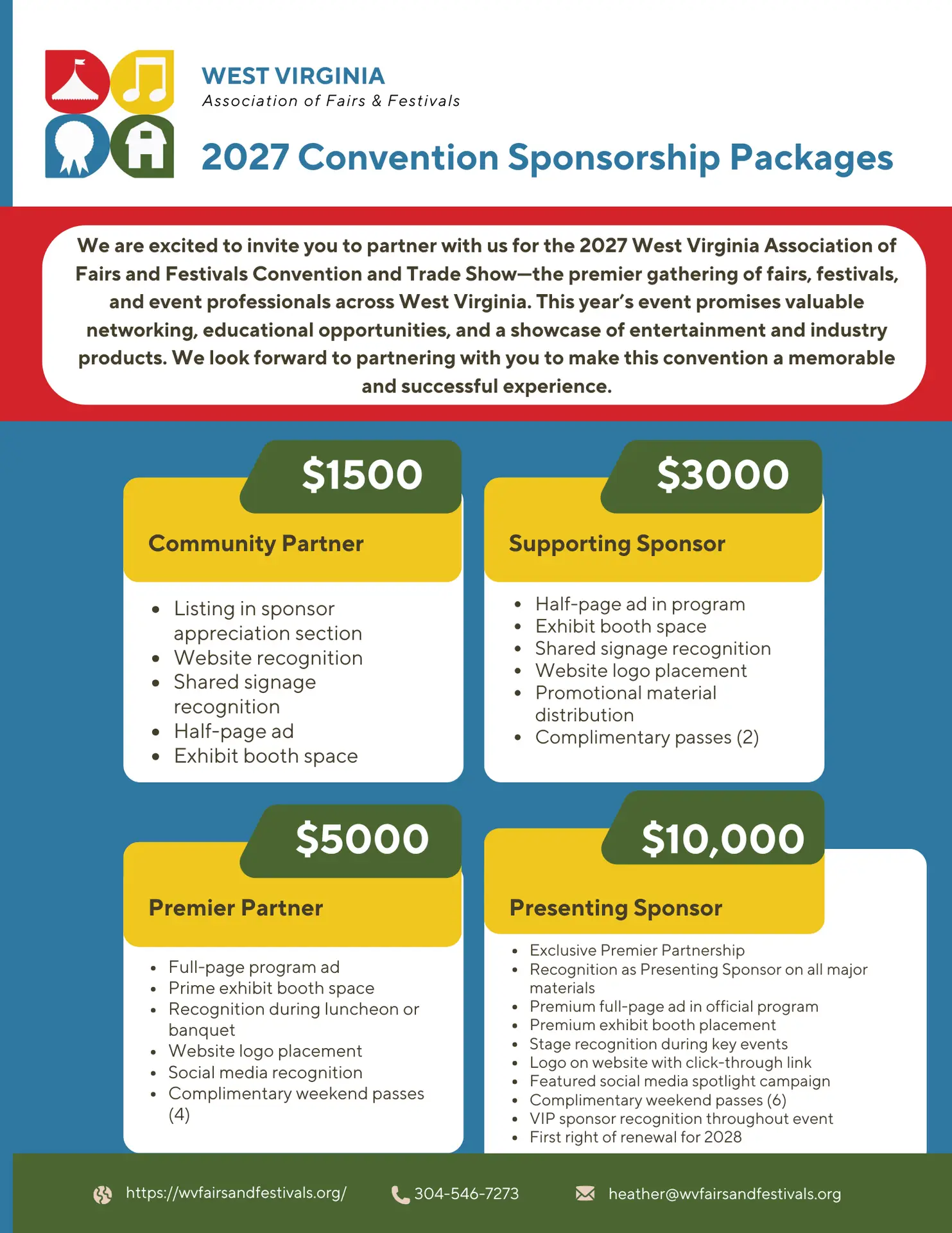 2027 convention sponsorship packages: Community Partner $1,500, Supporting Sponsor $3,000, Premier Partner $5,000, and Presenting Sponsor $10,000. Contact Heather Clay Roush for details.